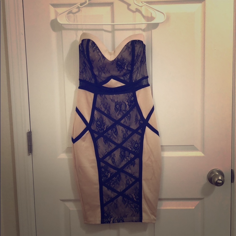 Strapless beige/tan and black dress
